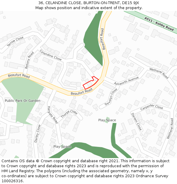 36, CELANDINE CLOSE, BURTON-ON-TRENT, DE15 9JX: Location map and indicative extent of plot