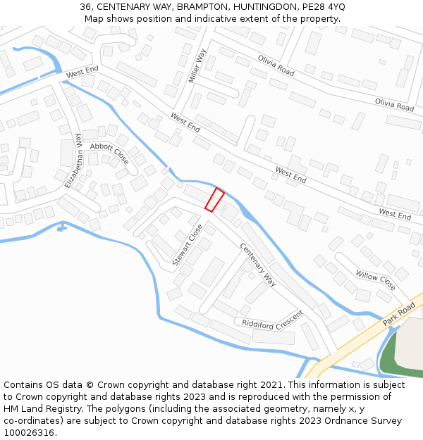 36, CENTENARY WAY, BRAMPTON, HUNTINGDON, PE28 4YQ: Location map and indicative extent of plot