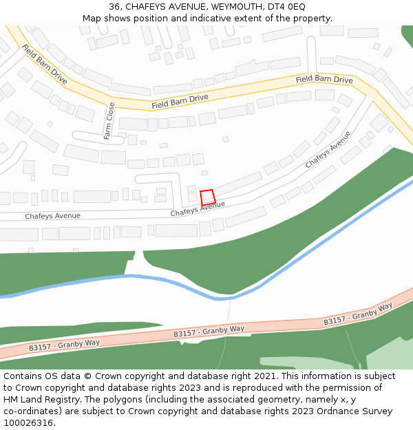 36, CHAFEYS AVENUE, WEYMOUTH, DT4 0EQ: Location map and indicative extent of plot