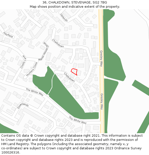 36, CHALKDOWN, STEVENAGE, SG2 7BG: Location map and indicative extent of plot