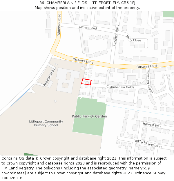 36, CHAMBERLAIN FIELDS, LITTLEPORT, ELY, CB6 1FJ: Location map and indicative extent of plot