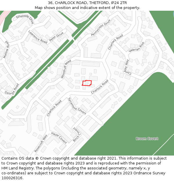 36, CHARLOCK ROAD, THETFORD, IP24 2TR: Location map and indicative extent of plot