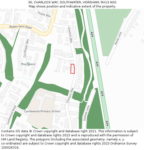 36, CHARLOCK WAY, SOUTHWATER, HORSHAM, RH13 9GS: Location map and indicative extent of plot