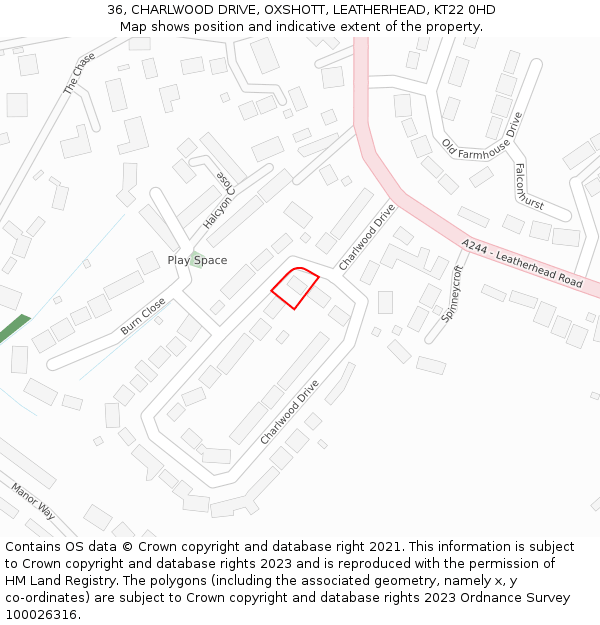 36, CHARLWOOD DRIVE, OXSHOTT, LEATHERHEAD, KT22 0HD: Location map and indicative extent of plot