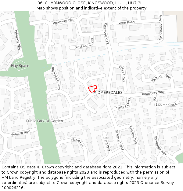 36, CHARNWOOD CLOSE, KINGSWOOD, HULL, HU7 3HH: Location map and indicative extent of plot