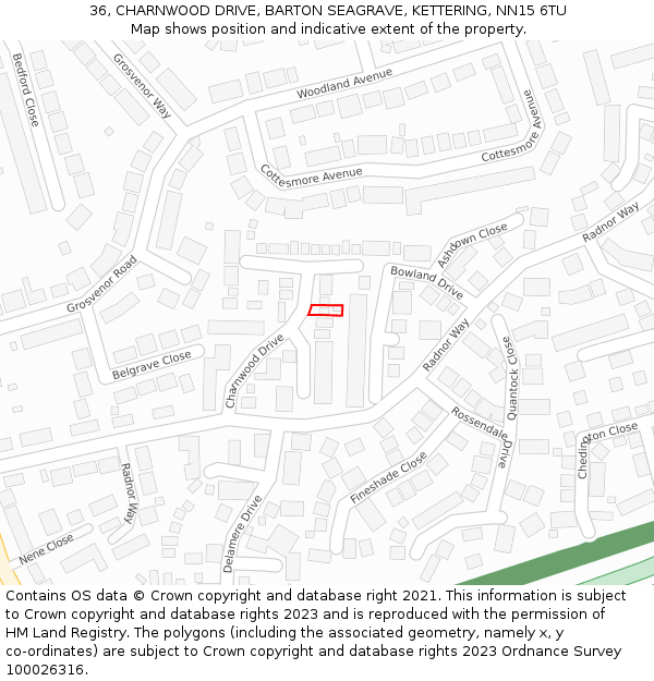 36, CHARNWOOD DRIVE, BARTON SEAGRAVE, KETTERING, NN15 6TU: Location map and indicative extent of plot