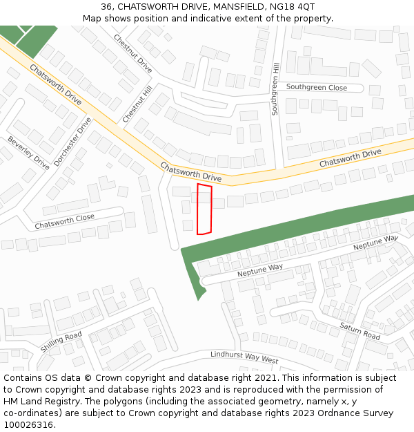 36, CHATSWORTH DRIVE, MANSFIELD, NG18 4QT: Location map and indicative extent of plot