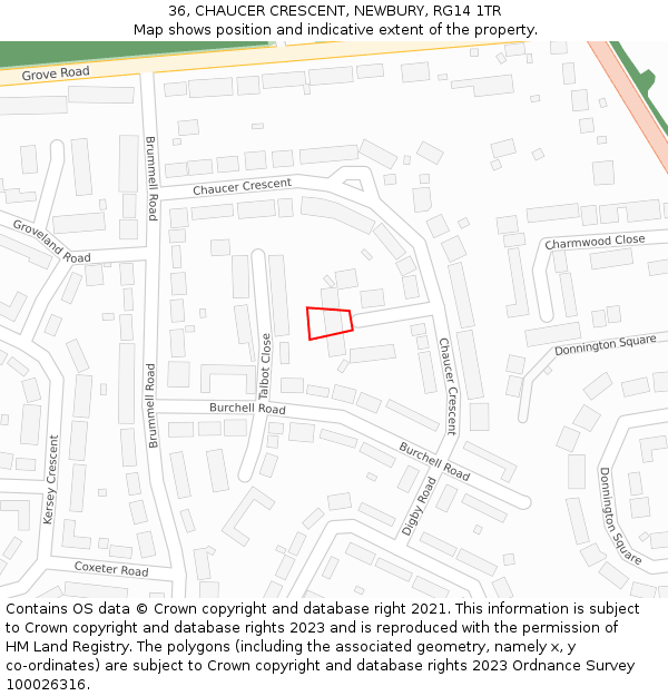 36, CHAUCER CRESCENT, NEWBURY, RG14 1TR: Location map and indicative extent of plot