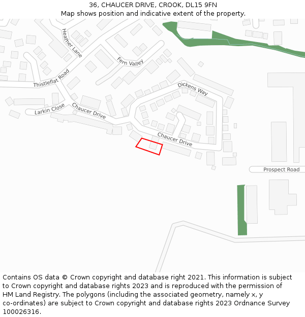 36, CHAUCER DRIVE, CROOK, DL15 9FN: Location map and indicative extent of plot