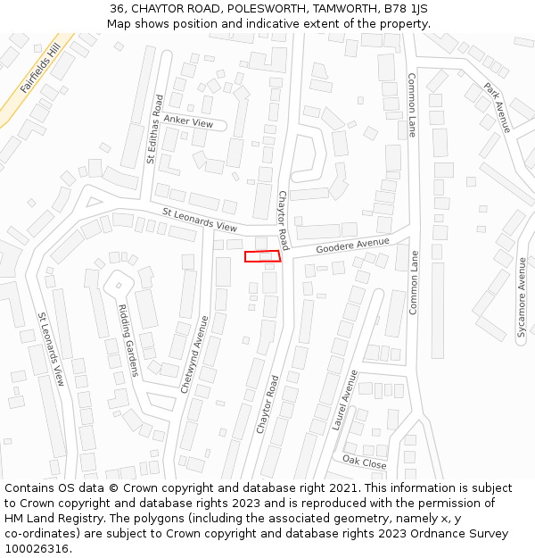 36, CHAYTOR ROAD, POLESWORTH, TAMWORTH, B78 1JS: Location map and indicative extent of plot