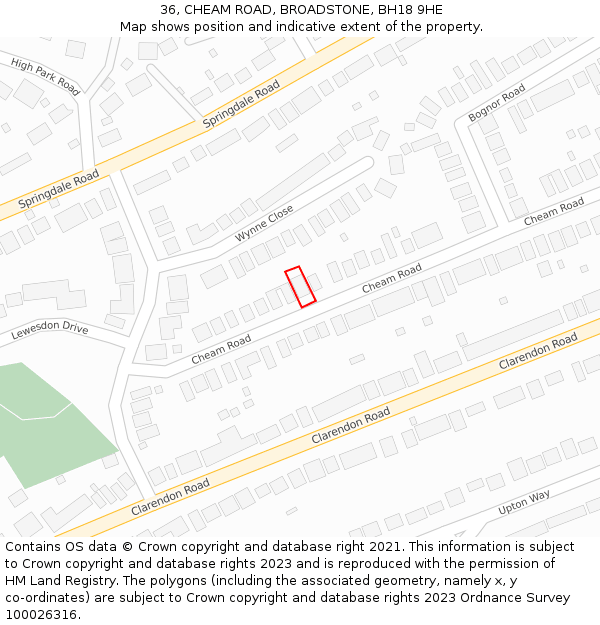 36, CHEAM ROAD, BROADSTONE, BH18 9HE: Location map and indicative extent of plot