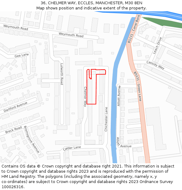 36, CHELMER WAY, ECCLES, MANCHESTER, M30 8EN: Location map and indicative extent of plot