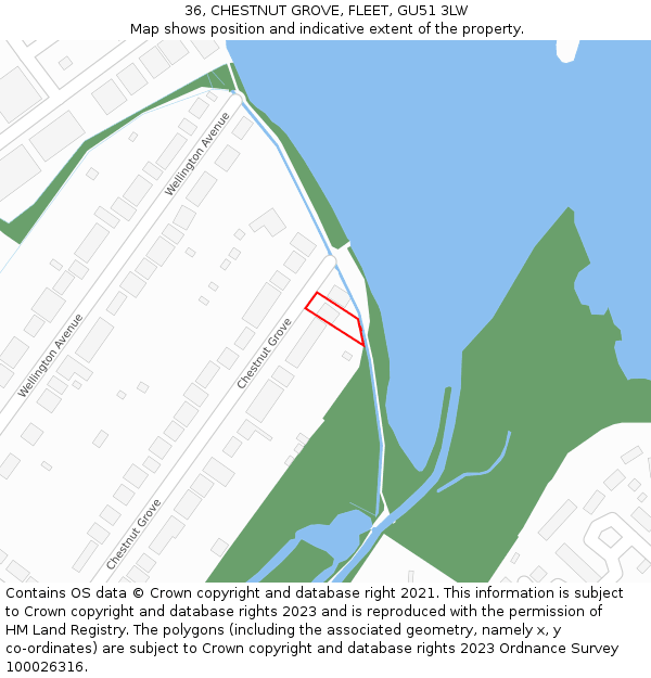 36, CHESTNUT GROVE, FLEET, GU51 3LW: Location map and indicative extent of plot
