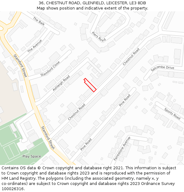 36, CHESTNUT ROAD, GLENFIELD, LEICESTER, LE3 8DB: Location map and indicative extent of plot