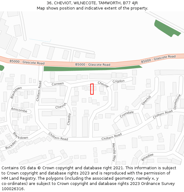 36, CHEVIOT, WILNECOTE, TAMWORTH, B77 4JR: Location map and indicative extent of plot