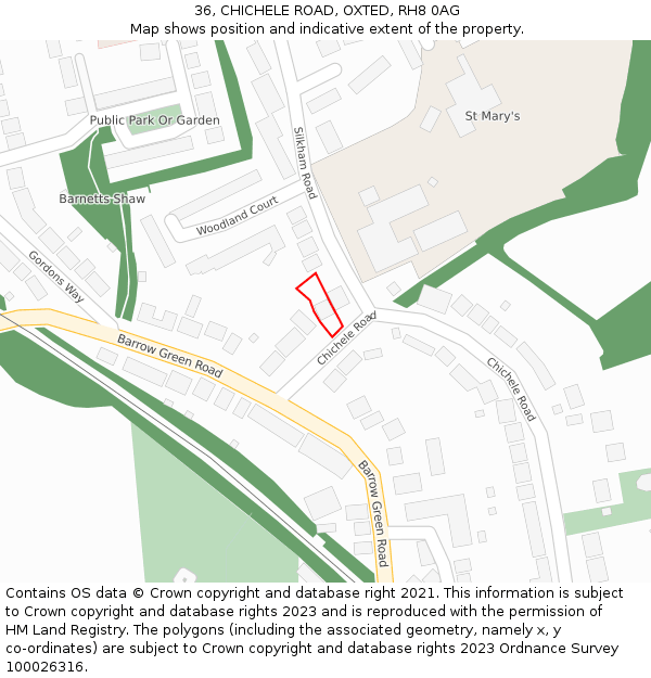 36, CHICHELE ROAD, OXTED, RH8 0AG: Location map and indicative extent of plot