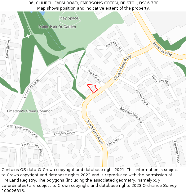 36, CHURCH FARM ROAD, EMERSONS GREEN, BRISTOL, BS16 7BF: Location map and indicative extent of plot