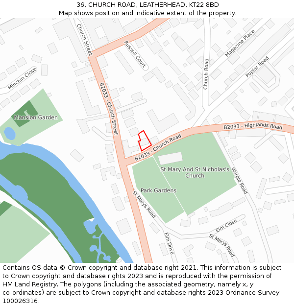 36, CHURCH ROAD, LEATHERHEAD, KT22 8BD: Location map and indicative extent of plot