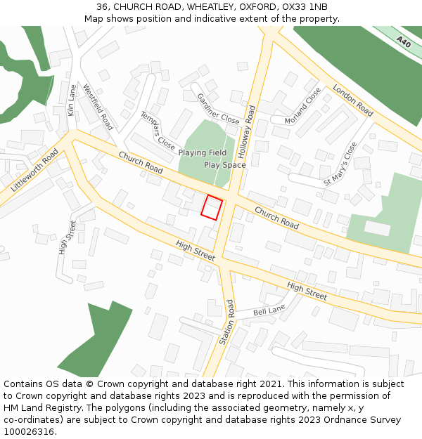 36, CHURCH ROAD, WHEATLEY, OXFORD, OX33 1NB: Location map and indicative extent of plot