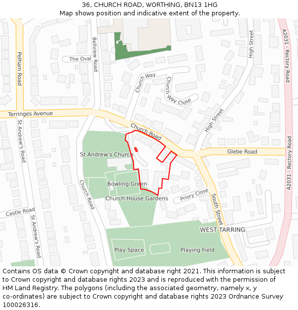 36, CHURCH ROAD, WORTHING, BN13 1HG: Location map and indicative extent of plot