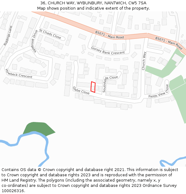 36, CHURCH WAY, WYBUNBURY, NANTWICH, CW5 7SA: Location map and indicative extent of plot