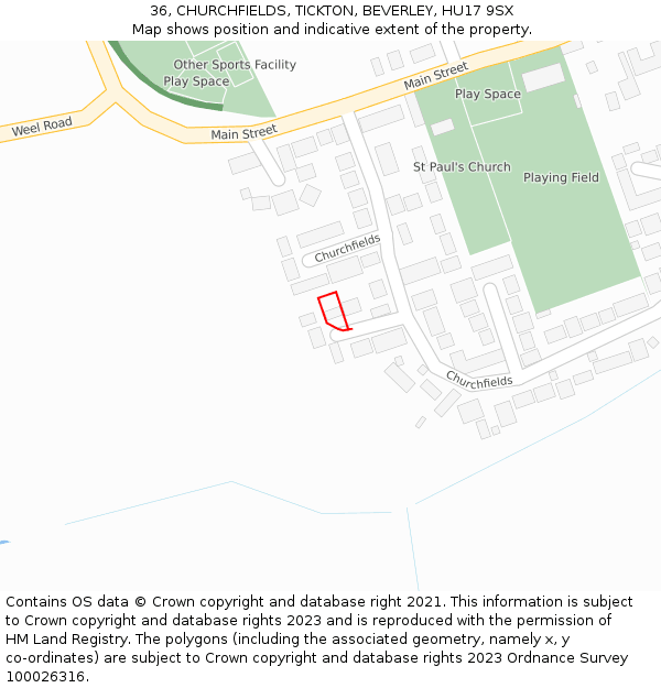 36, CHURCHFIELDS, TICKTON, BEVERLEY, HU17 9SX: Location map and indicative extent of plot