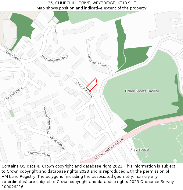 36, CHURCHILL DRIVE, WEYBRIDGE, KT13 9HE: Location map and indicative extent of plot