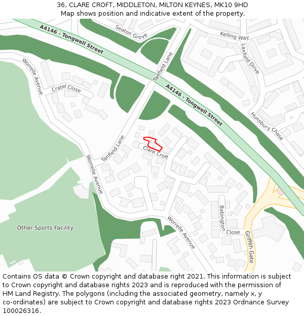 36, CLARE CROFT, MIDDLETON, MILTON KEYNES, MK10 9HD: Location map and indicative extent of plot