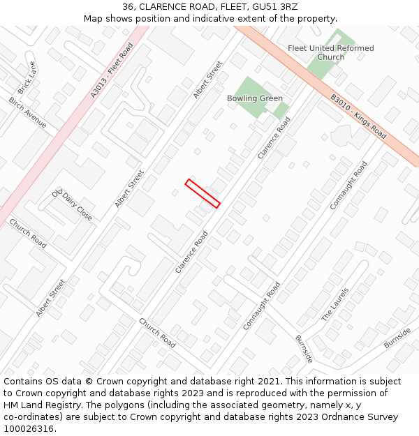 36, CLARENCE ROAD, FLEET, GU51 3RZ: Location map and indicative extent of plot