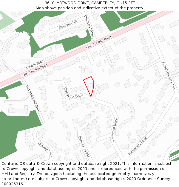 36, CLAREWOOD DRIVE, CAMBERLEY, GU15 3TE: Location map and indicative extent of plot