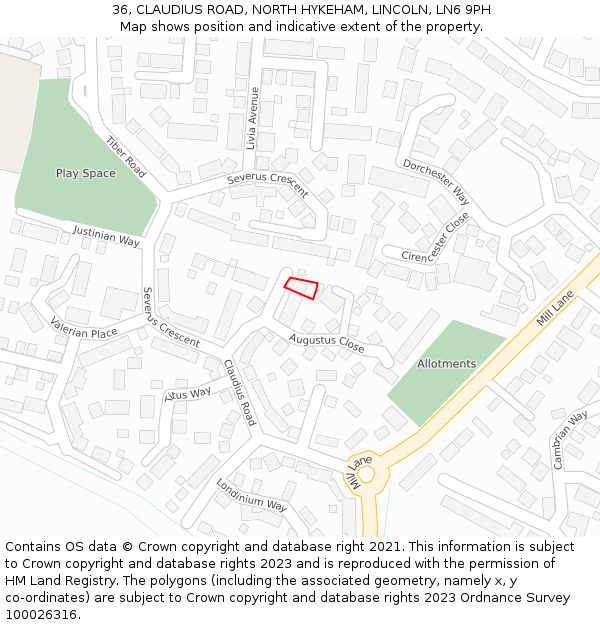 36, CLAUDIUS ROAD, NORTH HYKEHAM, LINCOLN, LN6 9PH: Location map and indicative extent of plot