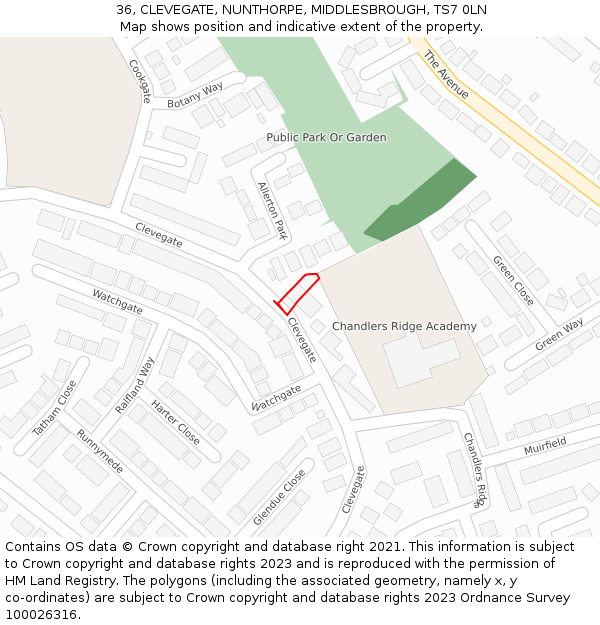 36, CLEVEGATE, NUNTHORPE, MIDDLESBROUGH, TS7 0LN: Location map and indicative extent of plot