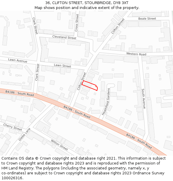 36, CLIFTON STREET, STOURBRIDGE, DY8 3XT: Location map and indicative extent of plot