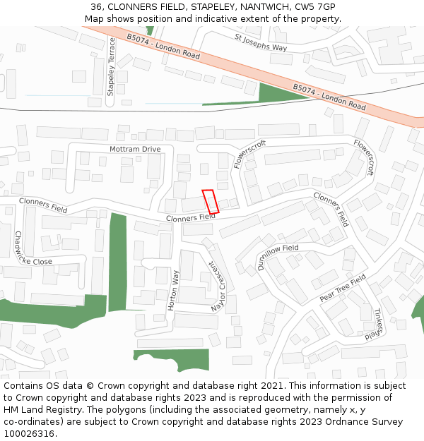 36, CLONNERS FIELD, STAPELEY, NANTWICH, CW5 7GP: Location map and indicative extent of plot