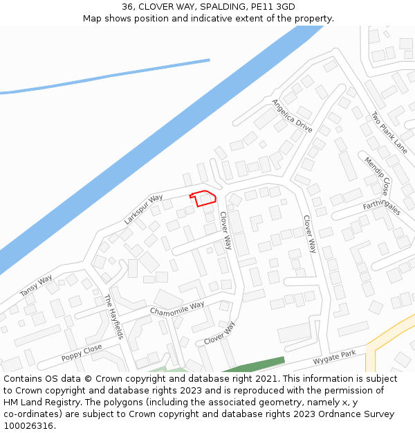 36, CLOVER WAY, SPALDING, PE11 3GD: Location map and indicative extent of plot