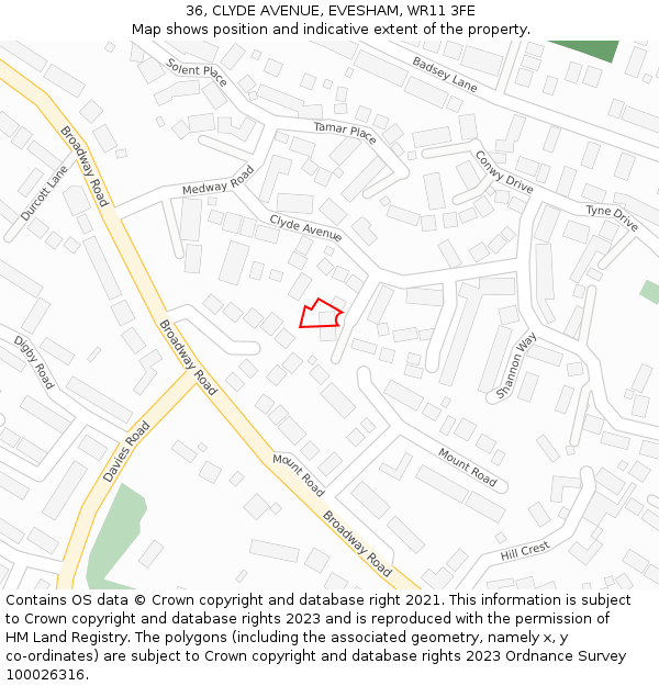 36, CLYDE AVENUE, EVESHAM, WR11 3FE: Location map and indicative extent of plot