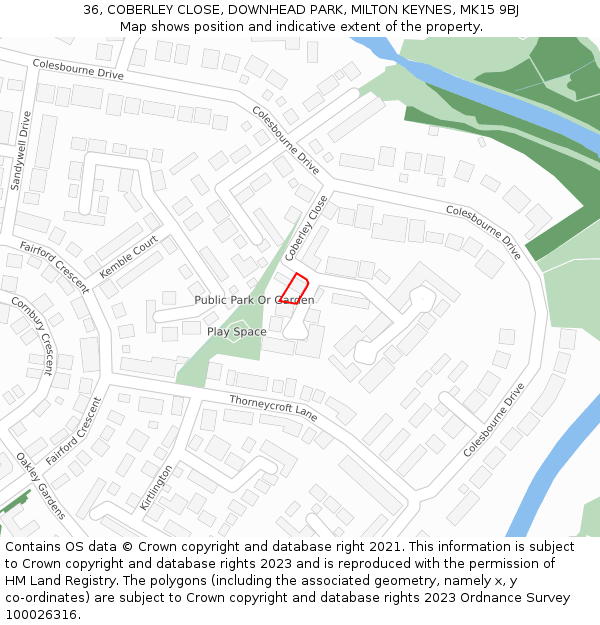 36, COBERLEY CLOSE, DOWNHEAD PARK, MILTON KEYNES, MK15 9BJ: Location map and indicative extent of plot