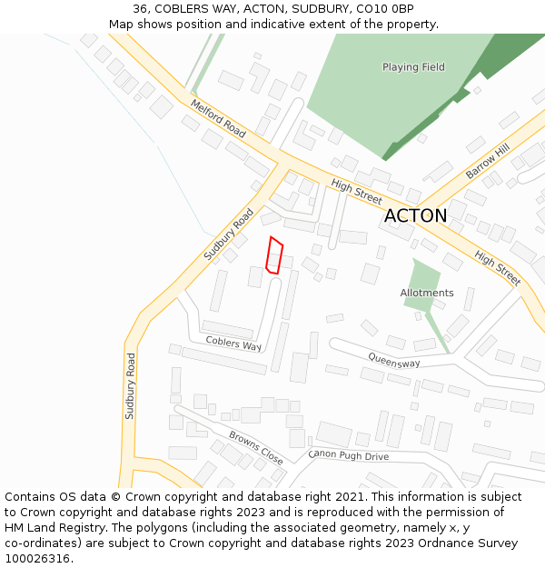 36, COBLERS WAY, ACTON, SUDBURY, CO10 0BP: Location map and indicative extent of plot