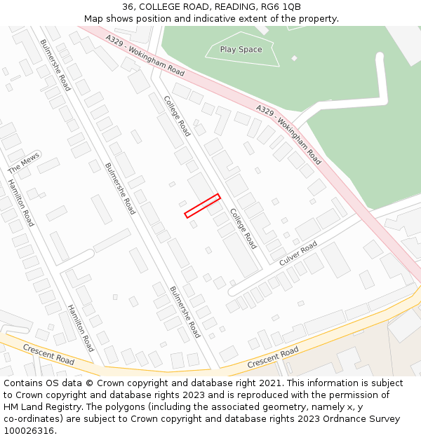 36, COLLEGE ROAD, READING, RG6 1QB: Location map and indicative extent of plot