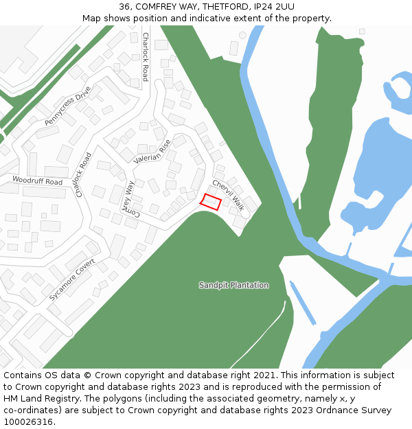 36, COMFREY WAY, THETFORD, IP24 2UU: Location map and indicative extent of plot