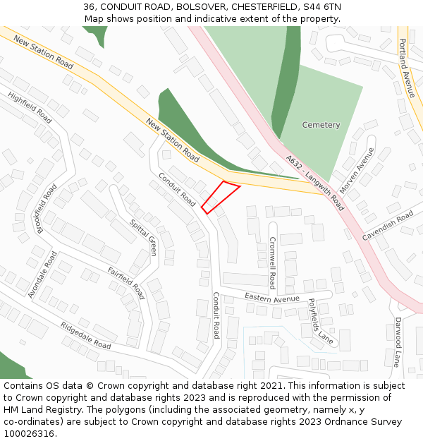 36, CONDUIT ROAD, BOLSOVER, CHESTERFIELD, S44 6TN: Location map and indicative extent of plot