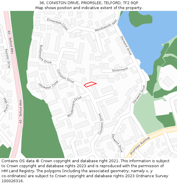 36, CONISTON DRIVE, PRIORSLEE, TELFORD, TF2 9QP: Location map and indicative extent of plot