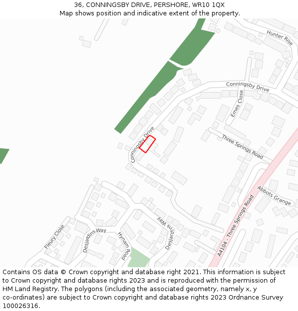 36, CONNINGSBY DRIVE, PERSHORE, WR10 1QX: Location map and indicative extent of plot