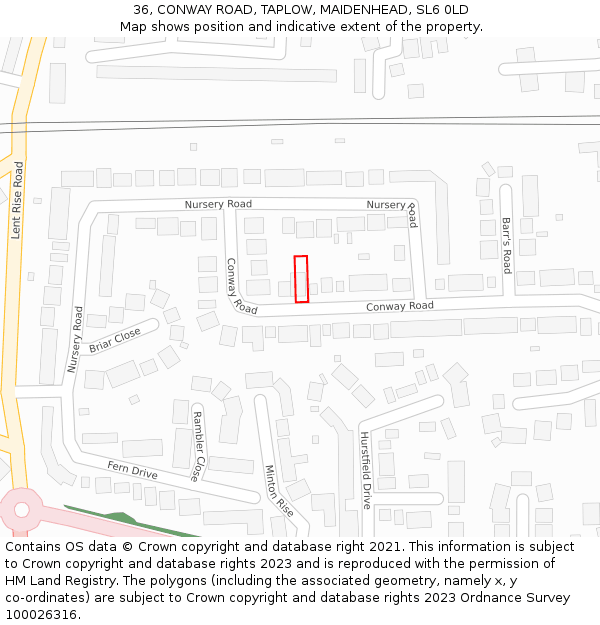 36, CONWAY ROAD, TAPLOW, MAIDENHEAD, SL6 0LD: Location map and indicative extent of plot