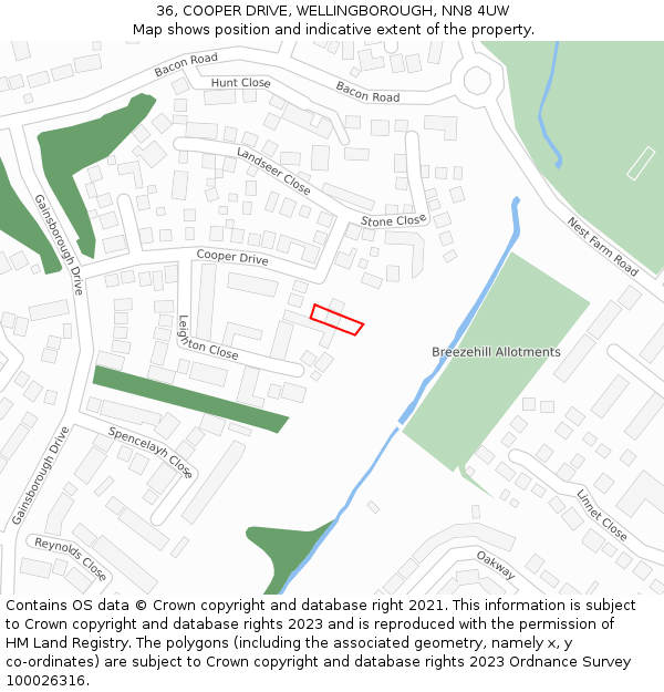 36, COOPER DRIVE, WELLINGBOROUGH, NN8 4UW: Location map and indicative extent of plot