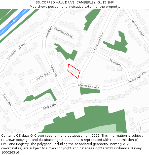 36, COPPED HALL DRIVE, CAMBERLEY, GU15 1NP: Location map and indicative extent of plot