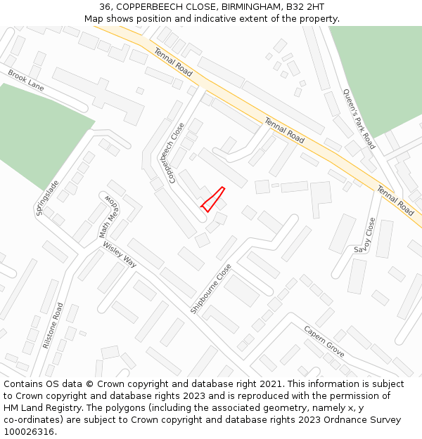 36, COPPERBEECH CLOSE, BIRMINGHAM, B32 2HT: Location map and indicative extent of plot