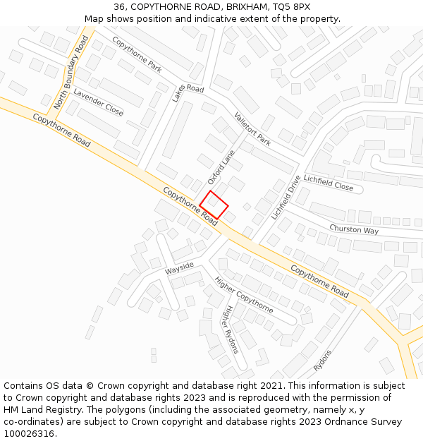 36, COPYTHORNE ROAD, BRIXHAM, TQ5 8PX: Location map and indicative extent of plot