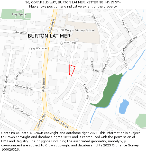 36, CORNFIELD WAY, BURTON LATIMER, KETTERING, NN15 5YH: Location map and indicative extent of plot