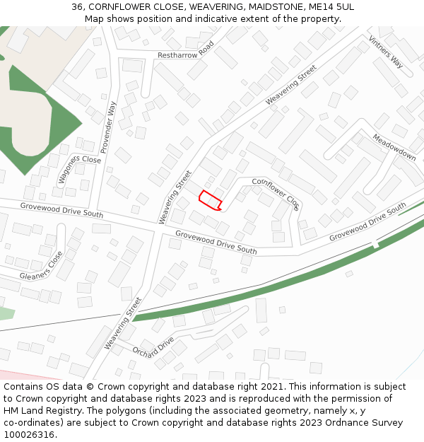 36, CORNFLOWER CLOSE, WEAVERING, MAIDSTONE, ME14 5UL: Location map and indicative extent of plot